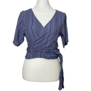 Fair Trade Boho Striped Cotton Cropped Wrap Top with Tie Waist Purple Striped